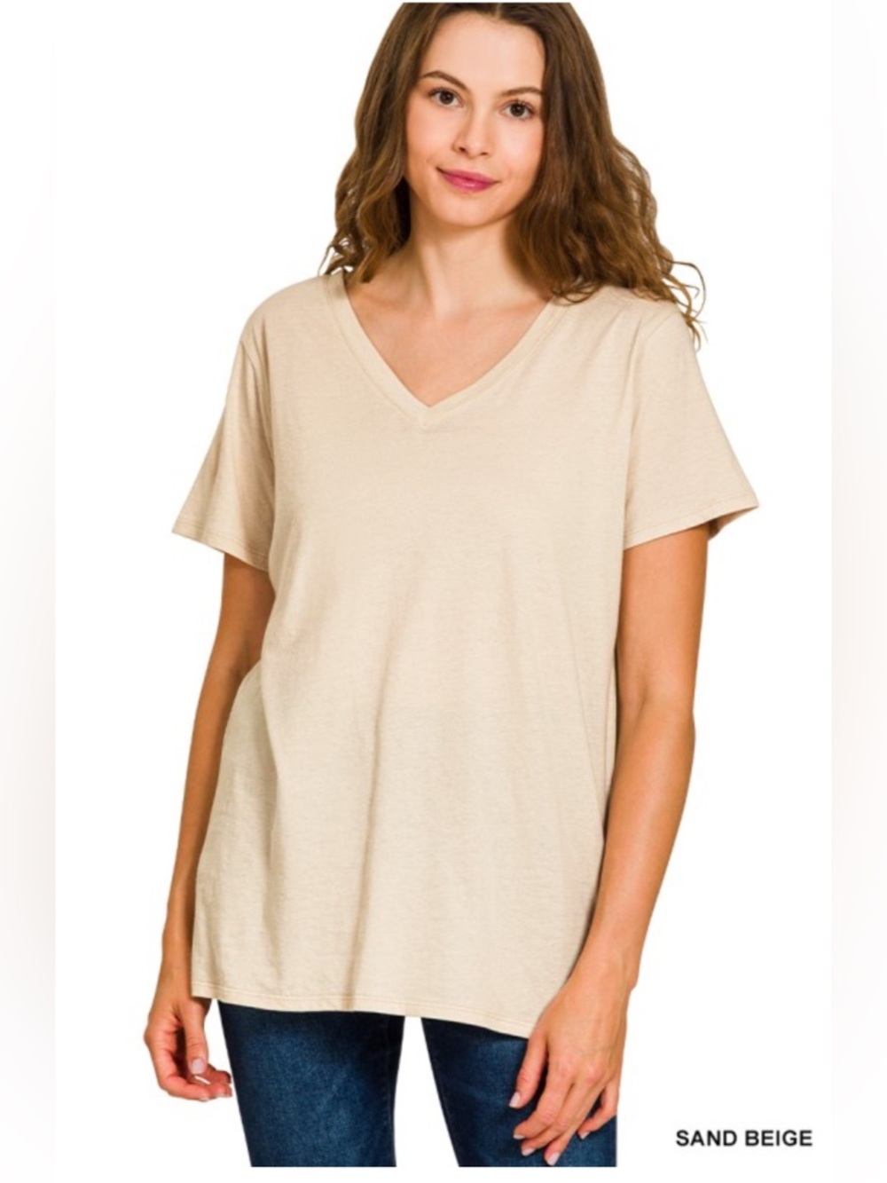Zenana Cotton Sand Beige V Neck Short Sleeve Tee Top